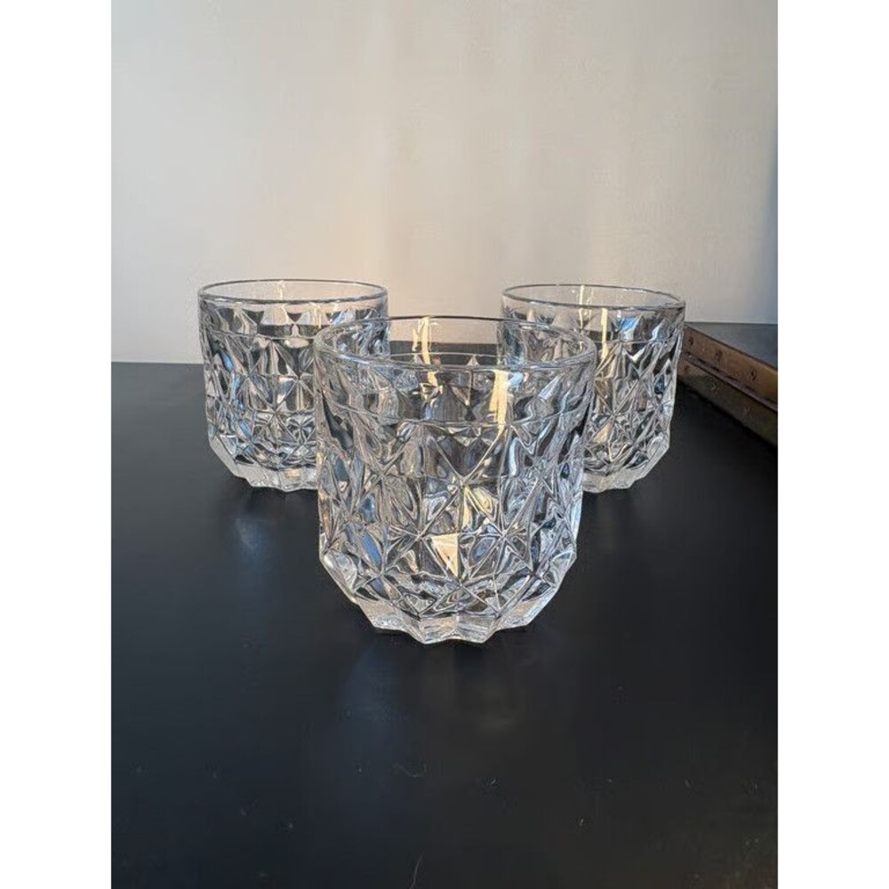 Cut Crystal Rocks Glasses Set of 3 Diamond Panel Whiskey Tumblers Heavy Barware